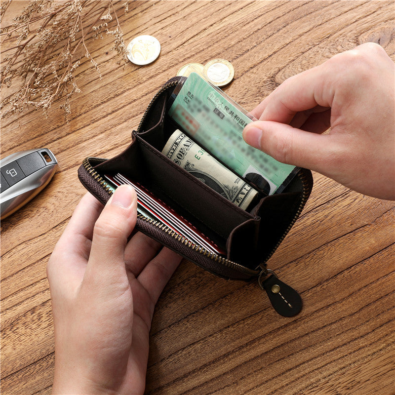Men's Crazy Horse First Layer Cowhide Short Leather Zipper Simple Ladies Wallets