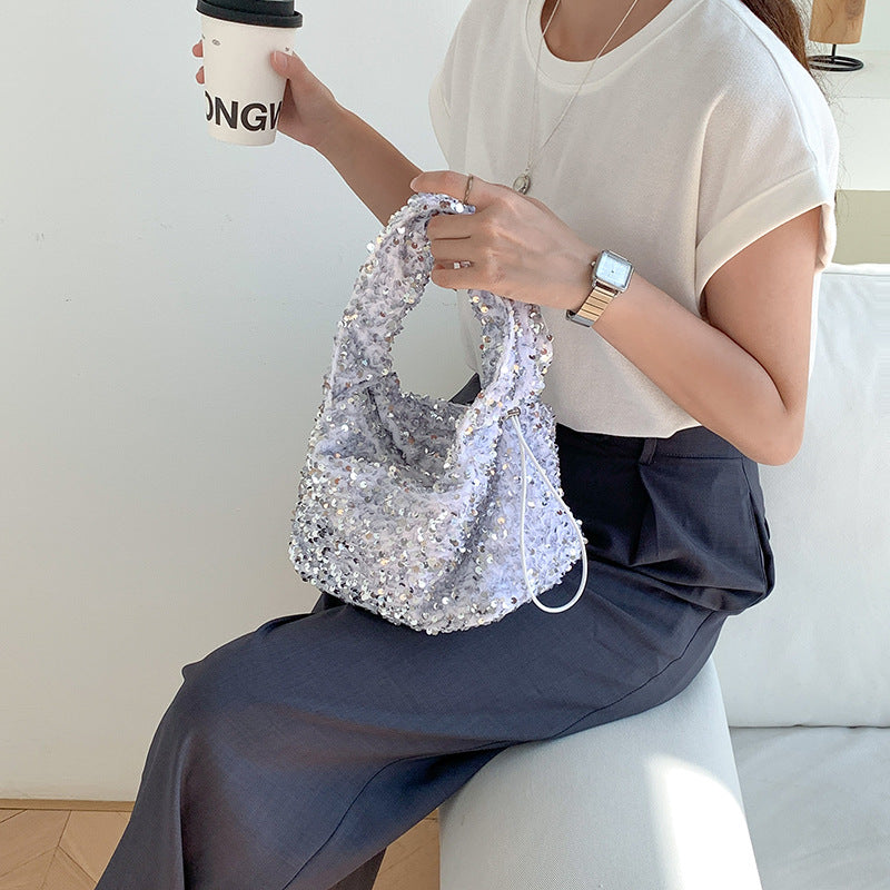 Portable Sequin Female Niche Shiny Drawstring Hand Carrying Handbags