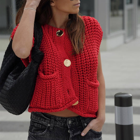 Women's Casual Pocket Sleeveless Knitted Waistcoat Vests