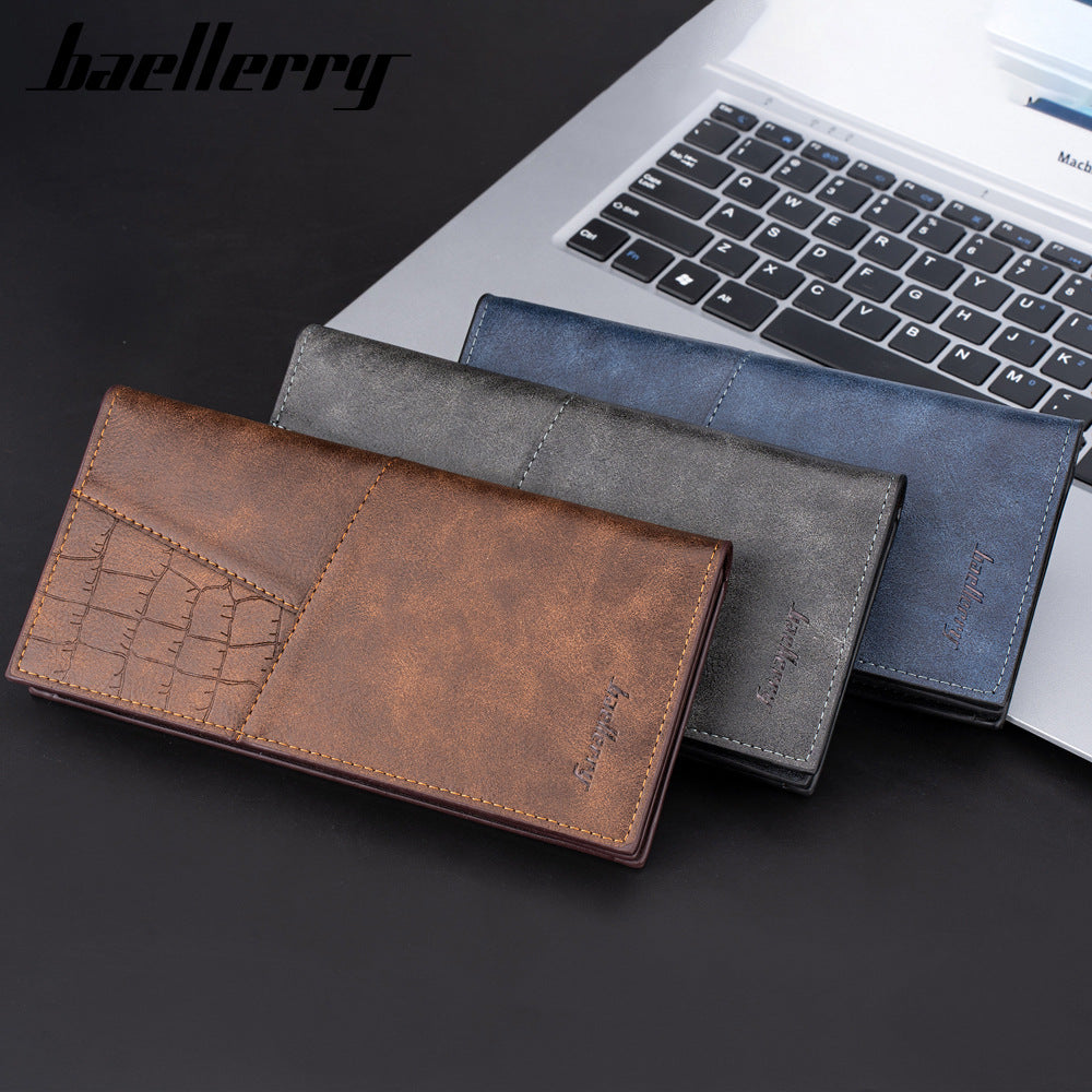 Men's Long Leather Patchwork Multiple Slots Zipper Bags