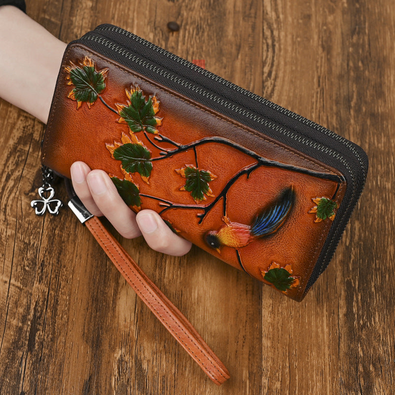 Women's Tanned Leather Long Embossed Swiping Clutch Fashion Ladies Wallet