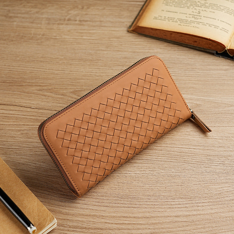 Women's Handmade Woven Leather Long Large Capacity Pocket Ladies Wallet
