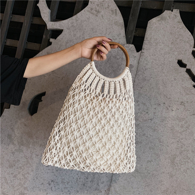 Hand-woven Mesh Cotton Thread Hollow Straw Summer Vacation Beach Women's Handbag