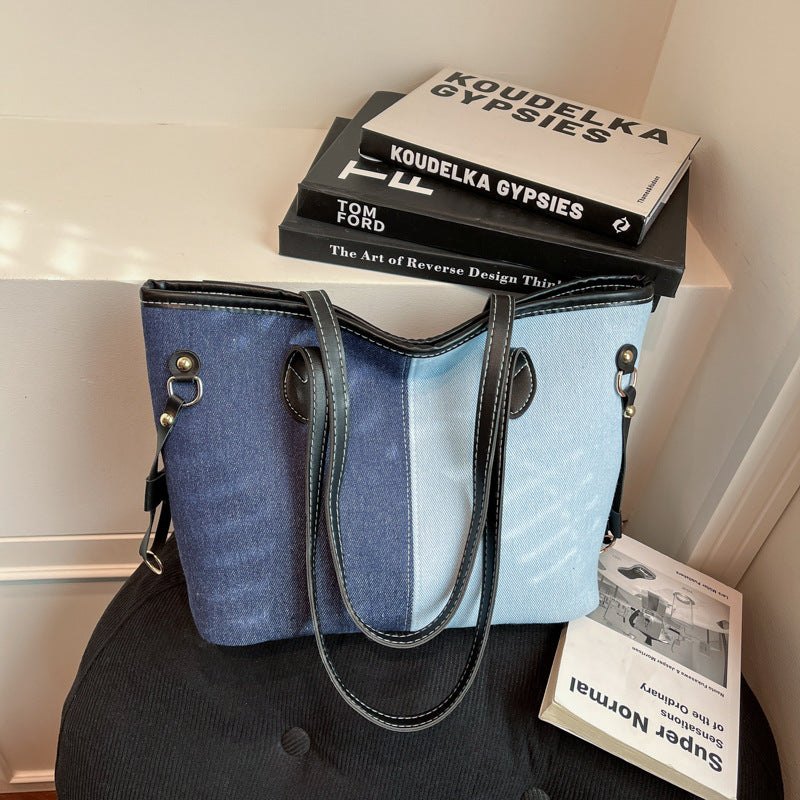 Women's Large Capacity Fashionable Denim Stitching Contrast Color Shoulder Bags
