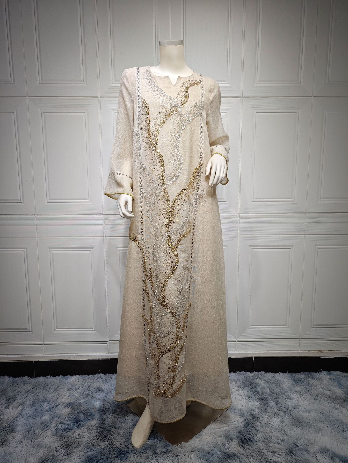 Mesh Sequin Embroider Muslim Dress Saudi Clothing