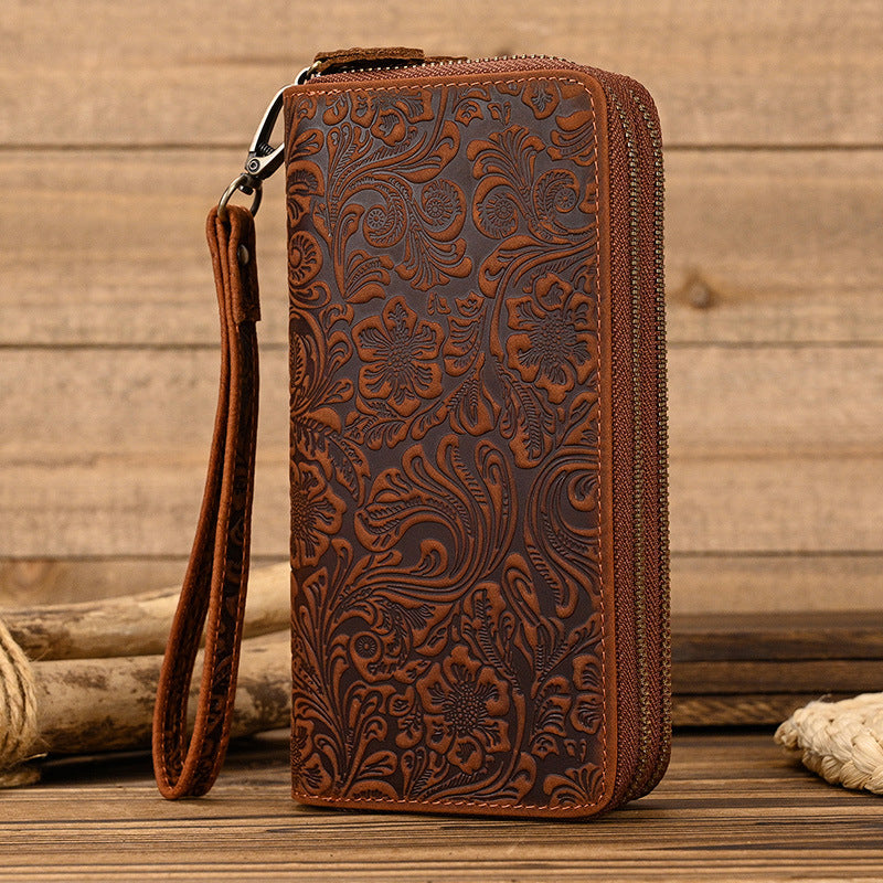 Men's Crazy Horse Leather Long Real Zipper Cowhide Men's Wallets