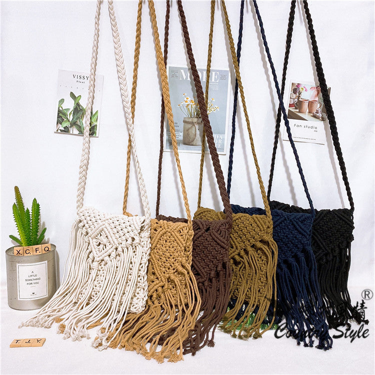 Cotton Thread With Lid Tassel Woven Ethnic Style Bags