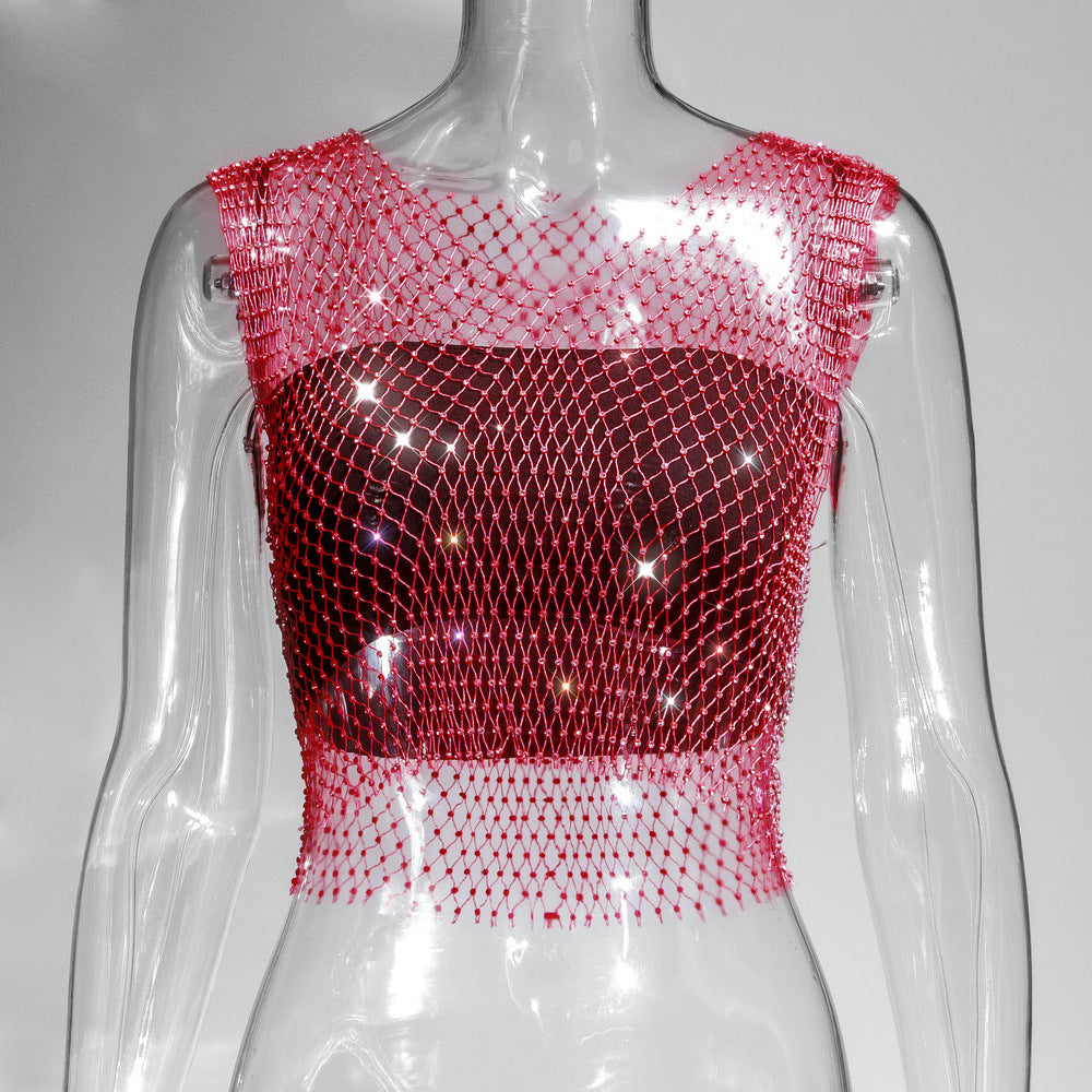 Women's Charming Summer Rhinestone Mesh T-shirt Tops