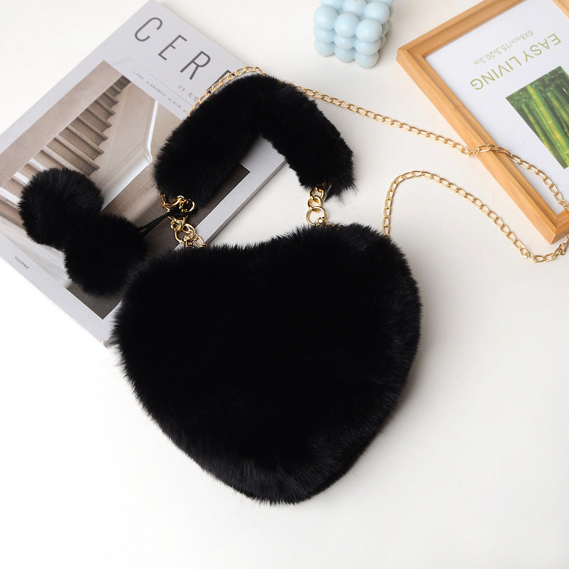 Women's Plush Heart Chain Portable Imitation Rabbit Fur Women's Shoulder Bag