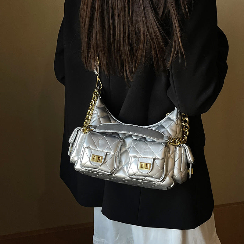 Women's Diamond Pattern Chain Design Motorcycle Underarm Crossbody Bags