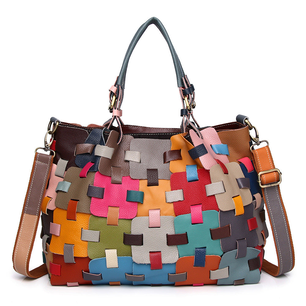 Cowhide Ethnic Style Color Woven Beach Women's Handbag