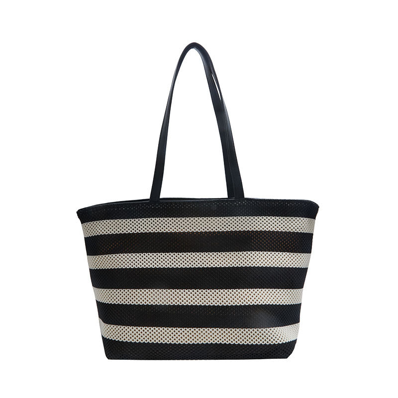 Women's Simple Striped Large Capacity Fashion Hollow Black White Women's Shoulder Bag