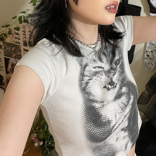 Women's Style Cat Printing Short-sleeved T-shirt Round Tops