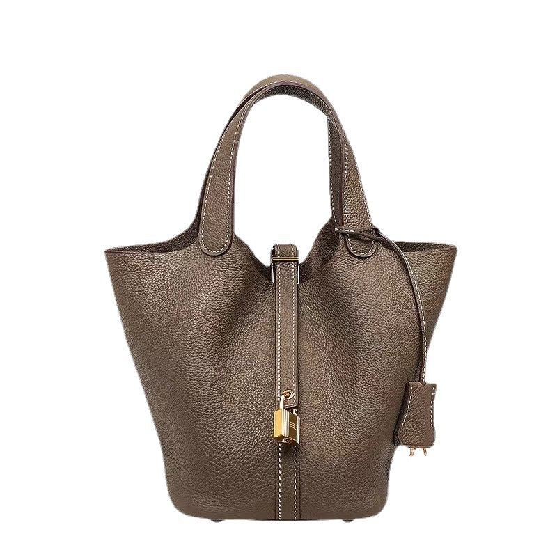 Women's Color Matching Vegetable Basket Cowhide Litchi Handbags