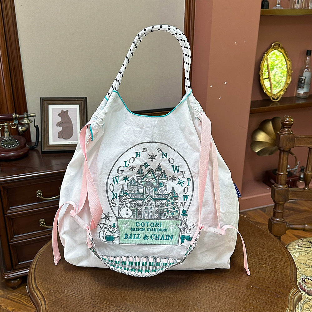 Nylon Needle Embroidered Fashion Commuter Large Capacity College Women's Shoulder Bag
