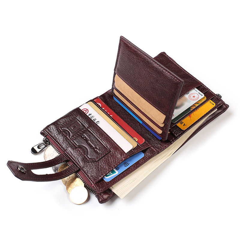 Men's Leather Vintage Short Double Zipper Large Men's Wallets