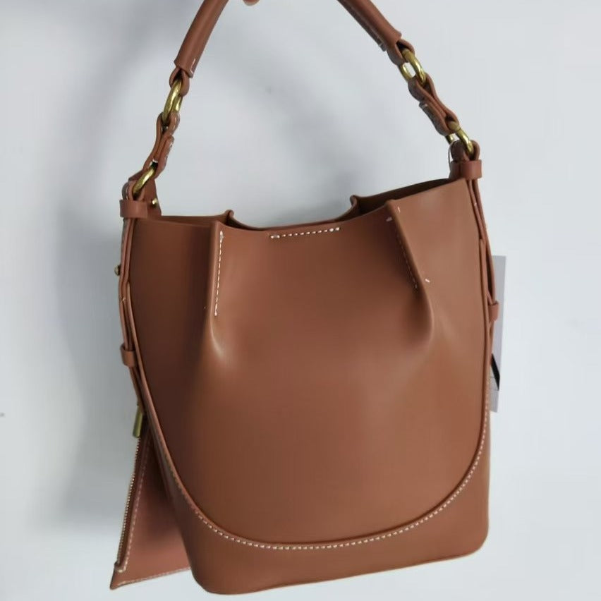 Women's Capacity Wide Strap Brown Drawstring Portable Bucket Bags