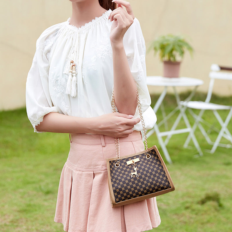 Women's Deer Pendant Decorative Embroidered Rhombus Single Women's Shoulder Bag