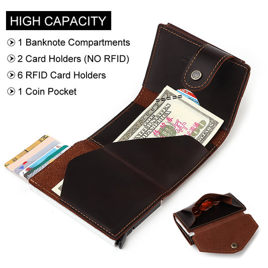 Men's Crazy Horse Leather Automatic Metal Cartridge Card Holder