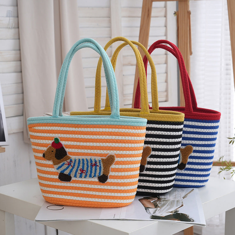Women's Cotton String Woven Large Capacity Totes Cartoon Sausage Dog Women's Handbag