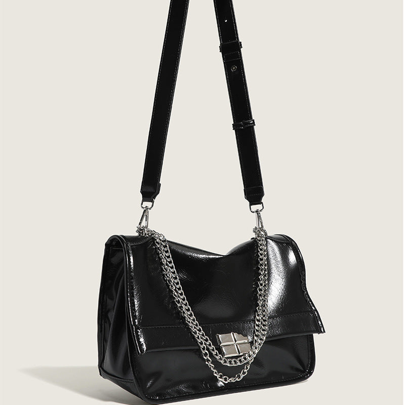 Oil Wax Leather Chain Pure Black Underarm Crossbody Bags