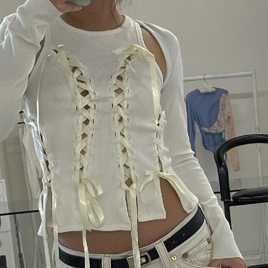Spring Fashion Round Neck Cross Bow Tops
