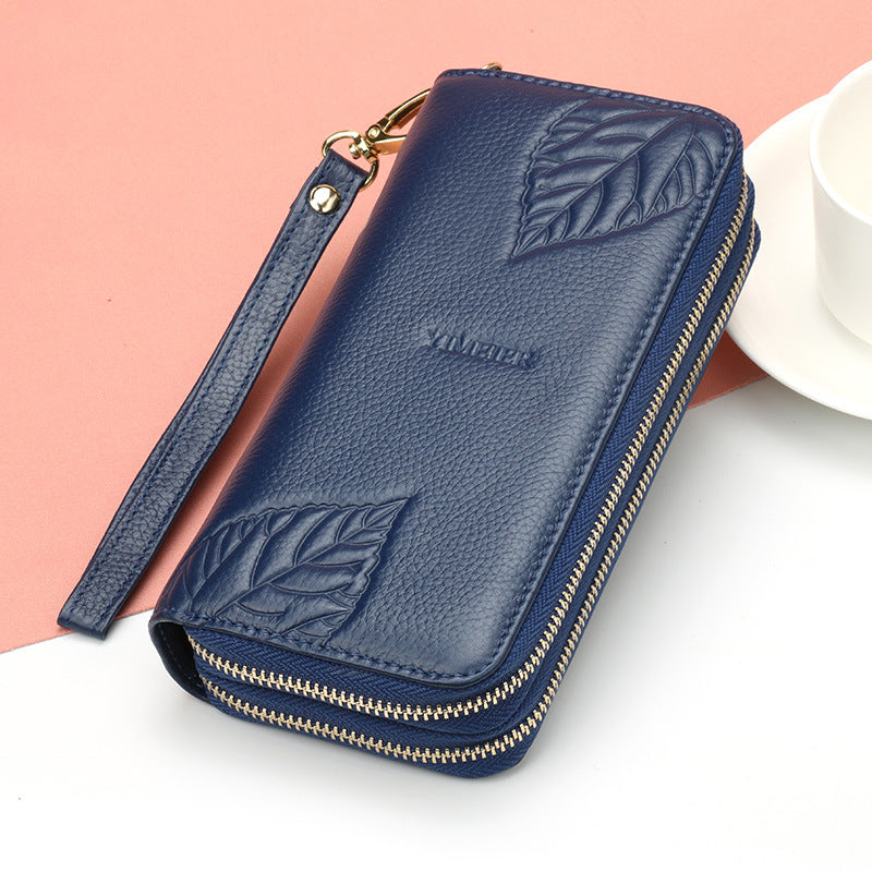 Women's Layer Cowhide Long Double Zipper Large Ladies Wallets