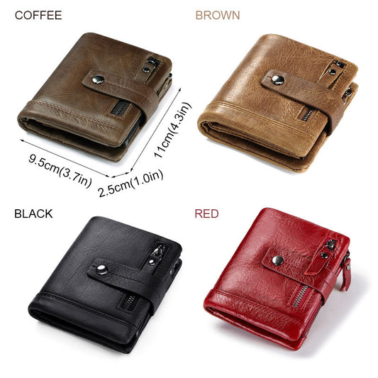 Men's Zipper Pocket First Layer Cowhide Short Purses