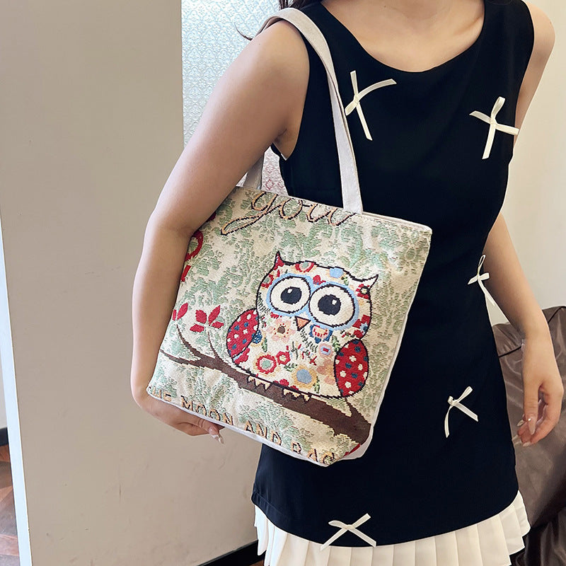 Women's Yarn-dyed Canvas Embroidered Portable Fashion Large Shoulder Bags