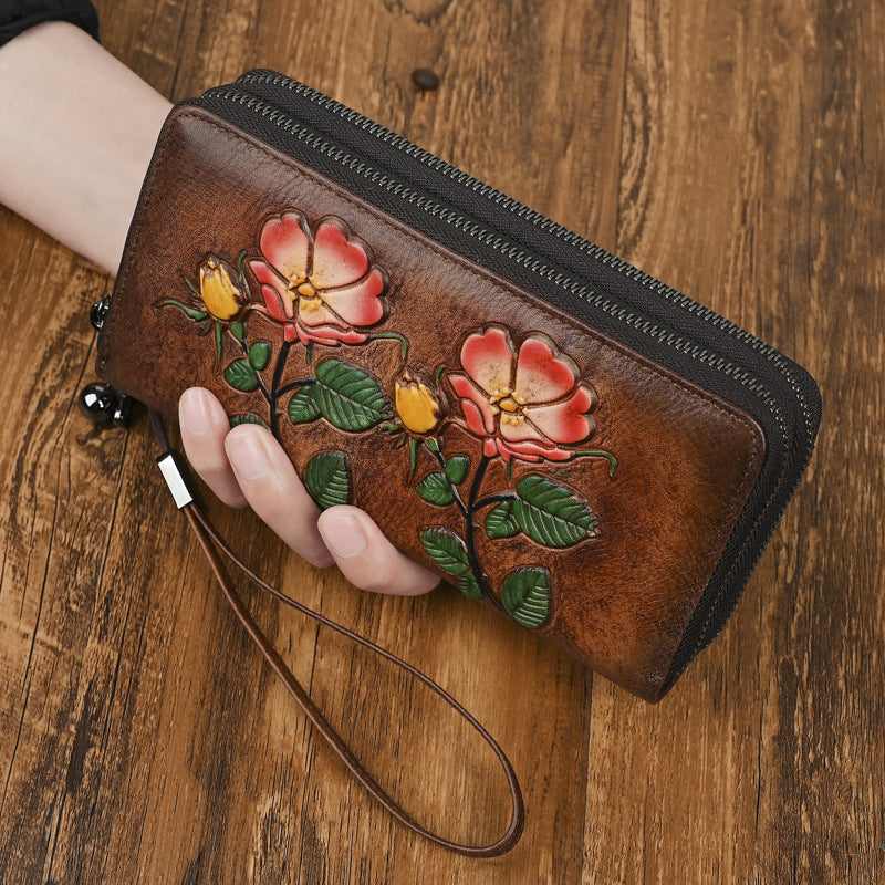 Women's Retro Zipper Long Genuine Leather Clutch Multiple Ladies Wallet