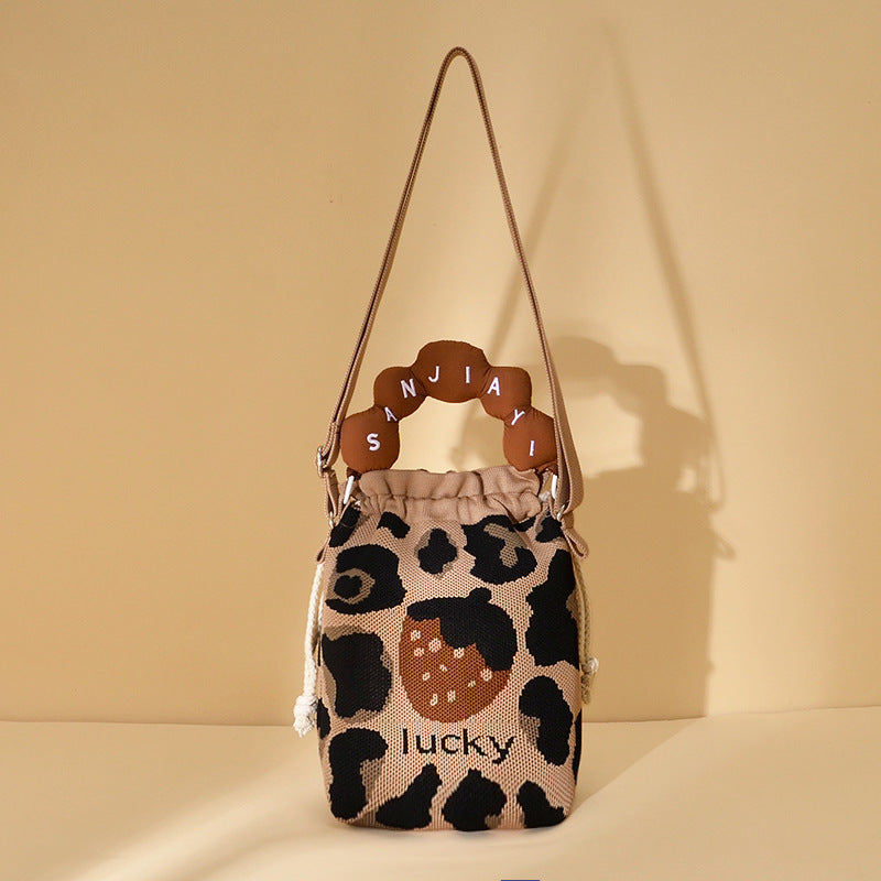 Woven Jacquard Female Drawstring Pocket Cartoon Knitted Wool Flying Phone Bags
