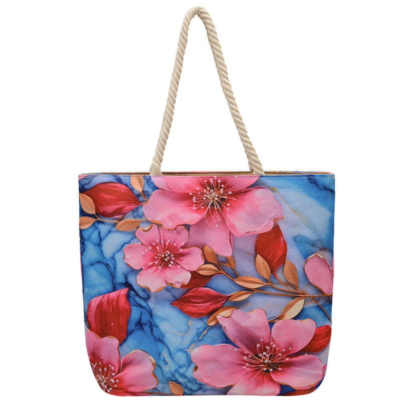 Double-sided Beach Imitation Linen Hot Printed Pattern Large Capacity Canvas Women's Shoulder Bag