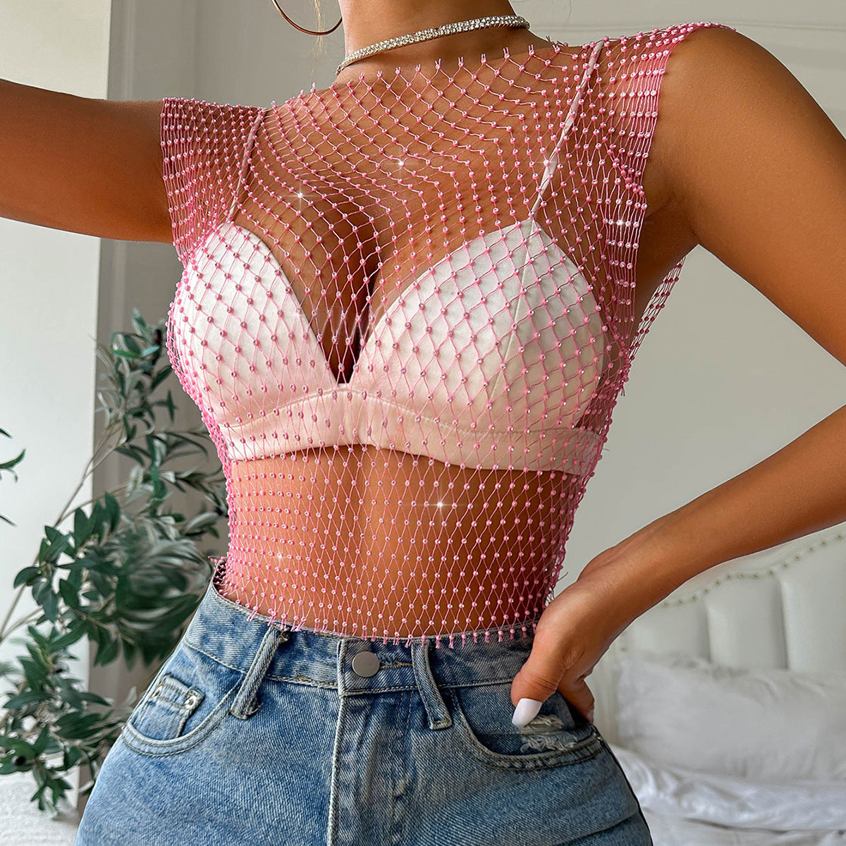 Women's Charming Summer Rhinestone Mesh T-shirt Tops