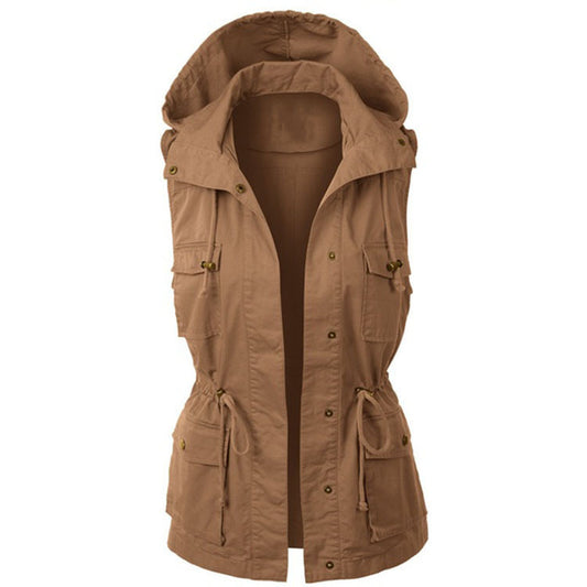 Women's Solid Color Work Hooded Drawstring Sleeveless Vests