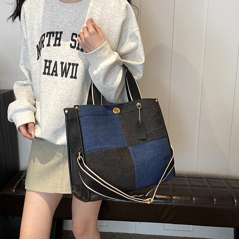 Women's Color Matching Canvas Large Capacity Fashionable Shoulder Bags
