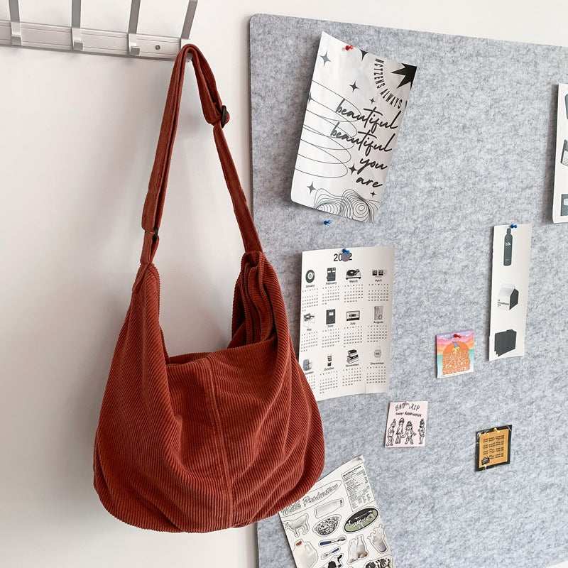Corduroy Cloth Style Simple Literary Solid Color Shoulder Bags