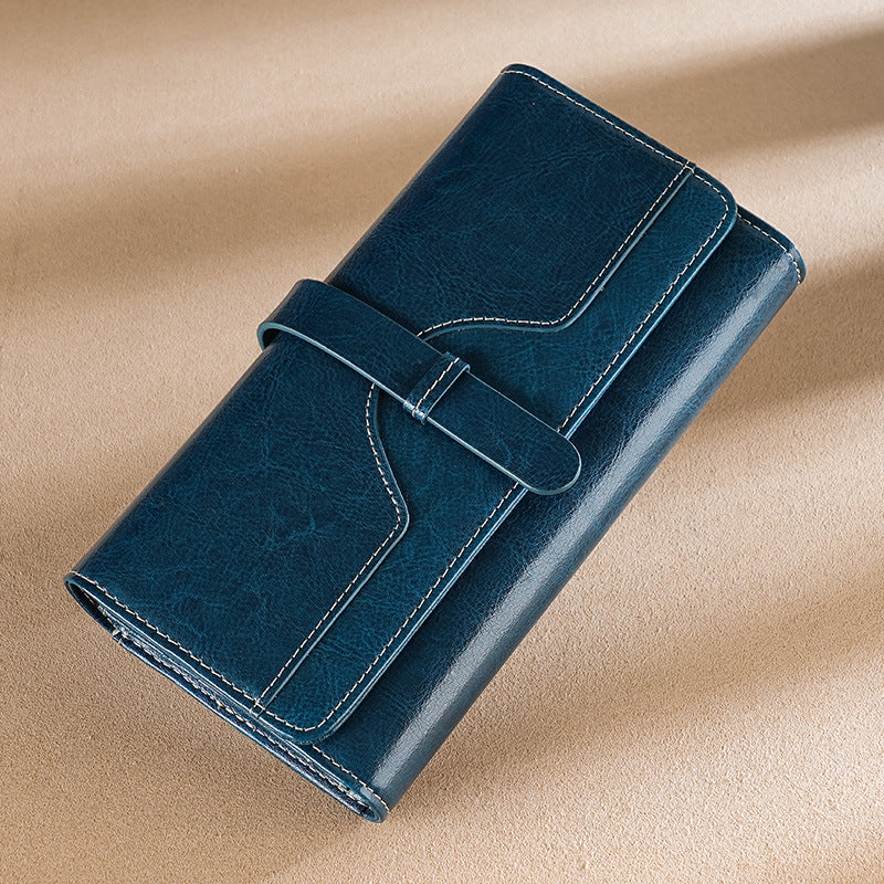 Women's Oil Wax Leather Long Multiple Slots Cowhide Ladies Wallet