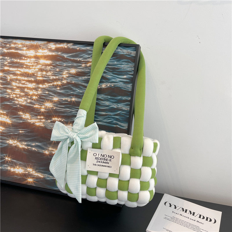 Coarse Yarn Cotton Candy Chessboard Hand-woven Homemade Women's Shoulder Bag