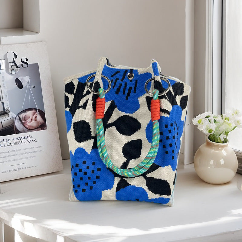 Design Black White Rhombus Knitted Versatile Large Women's Handbag