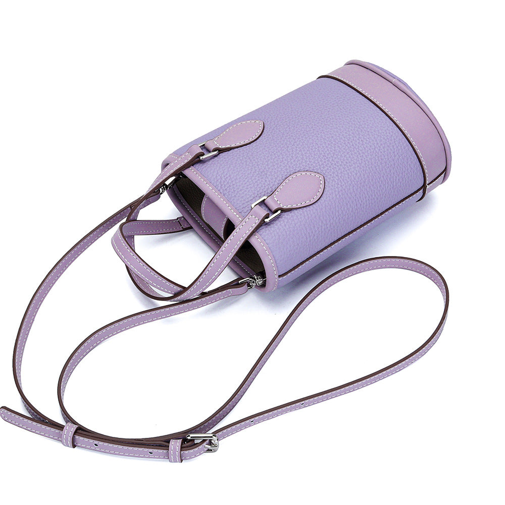 Women's Fashion Color Contrast Vertical Portable Design Genuine Bucket Bags