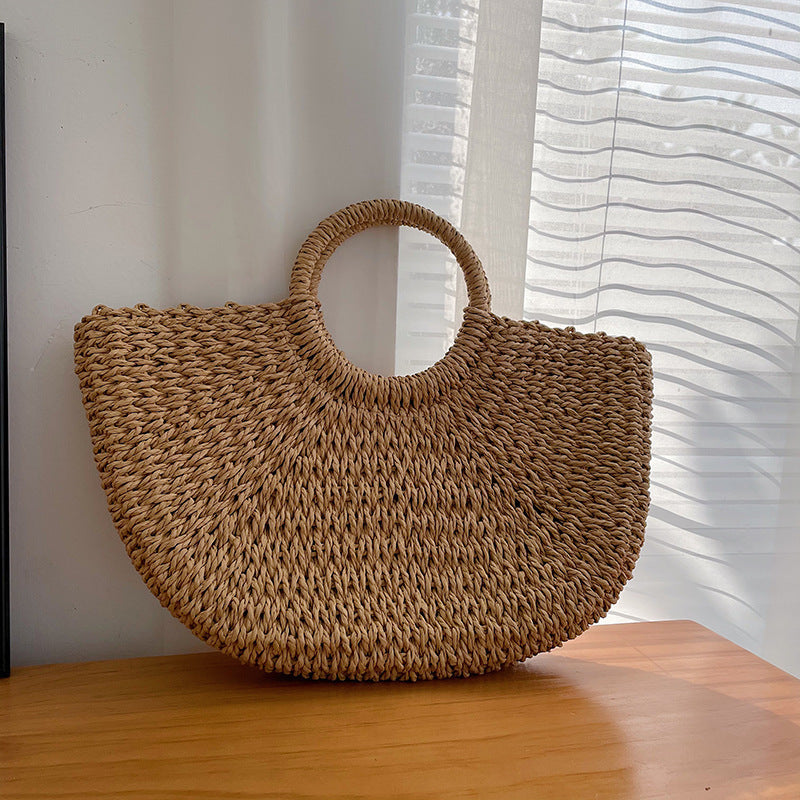 Women's Summer Retro Simple Straw Half Moon Mori Fashion Rattan Crescent Handbags