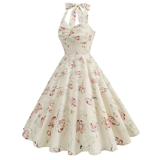 Women's Hepburn Style Abstract Rose Print Backless Dresses