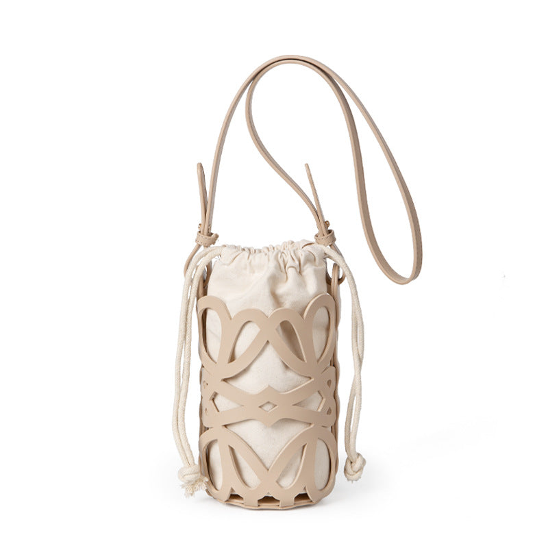 Women's Design Hollow Drawstring Canvas Cylindrical Pouch Crossbody Bags