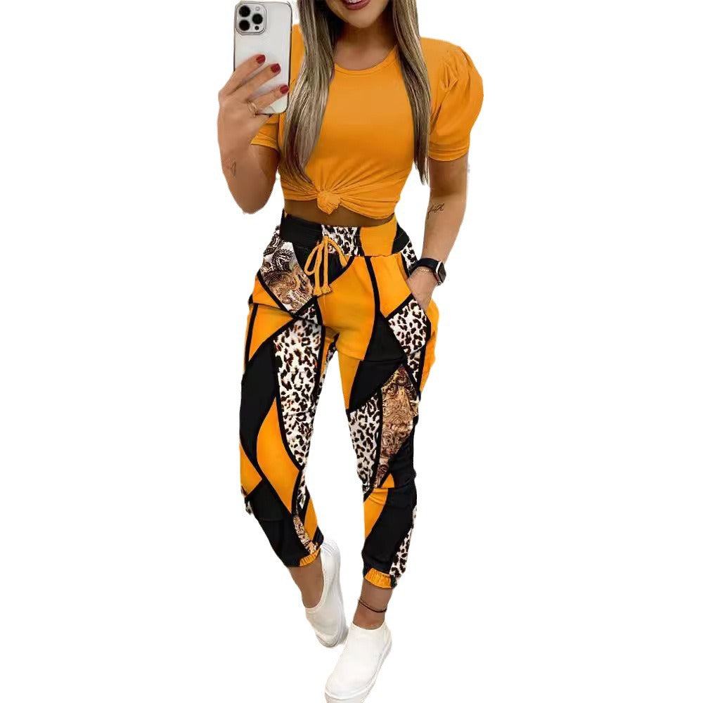 Women's Two-piece Short-sleeved Commuter Printed Drawstring Trousers Suits