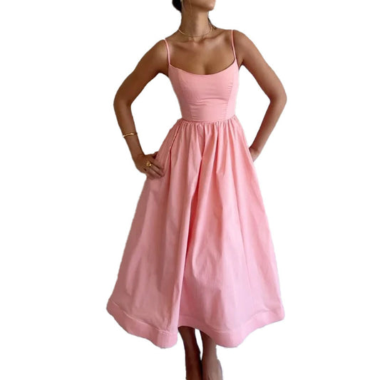 Women's Color Sexy Collar Fitted Waist Pleated Dresses