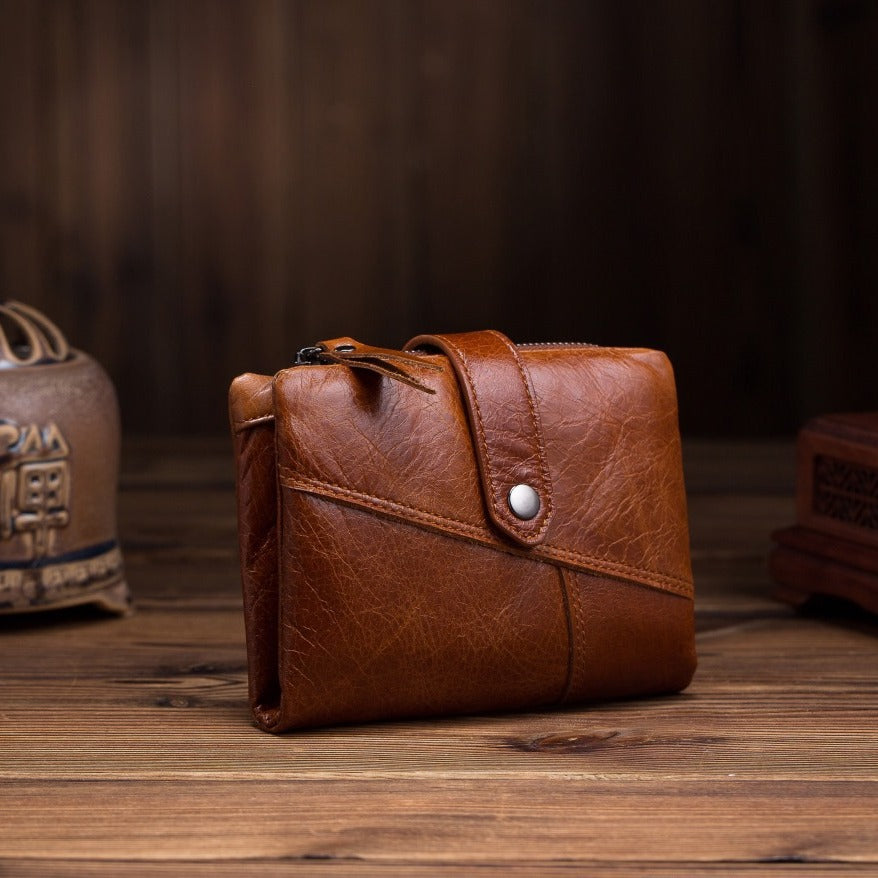 Men's Leather Short Portable Cowhide Zipper Change Ladies Wallets