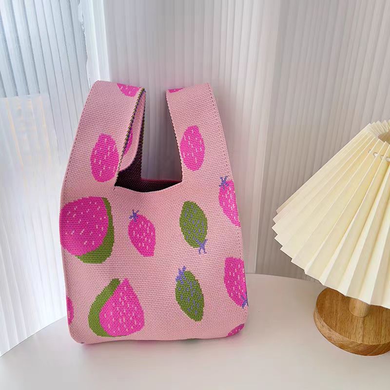 Summer Cartoon Portable Knitted Lunch Hand Woven Color Collision Handbags