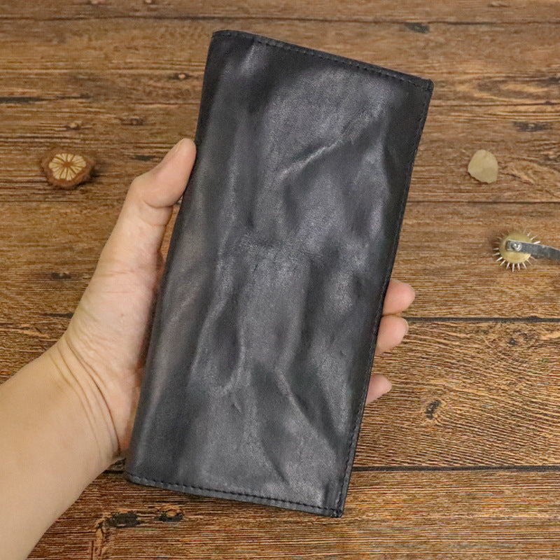 Men's Layer Cowhide Handmade Distressed Pleated Long Men's Wallets