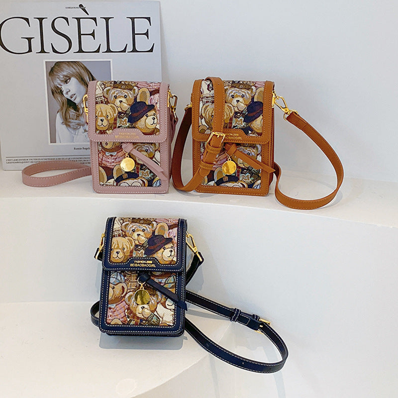 Women's Simplicity Fashion Cuteness Bear Printed Embroidered Shoulder Bags