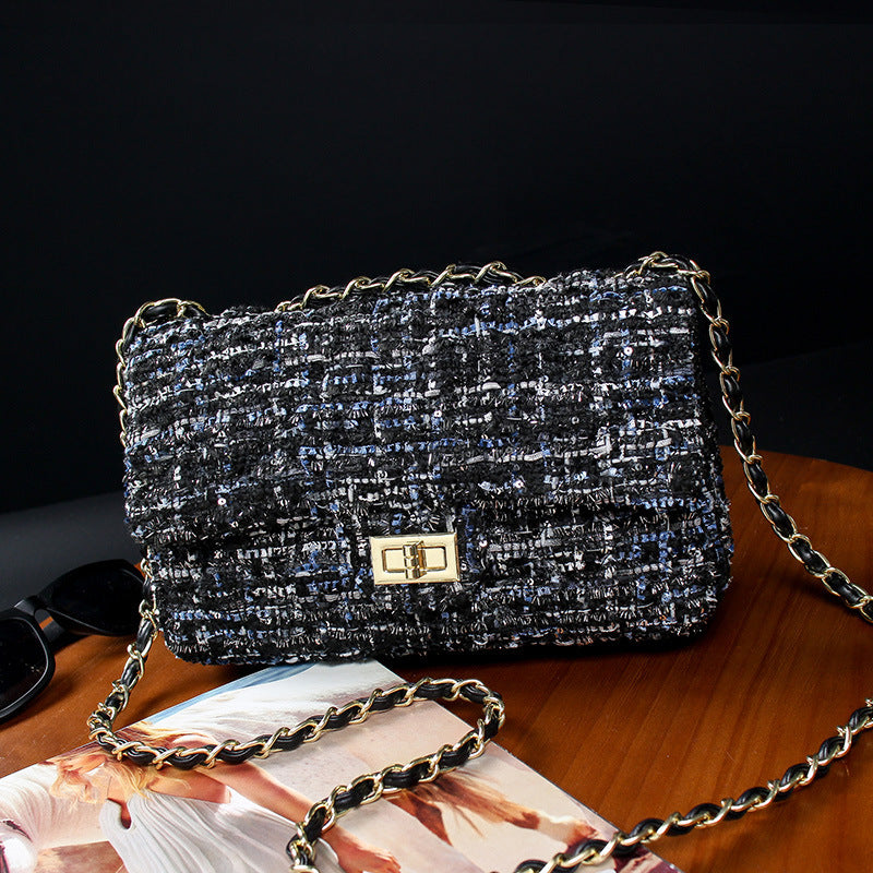 Plaid Colored Wool Classic Style Diamond Chain Crossbody Bags